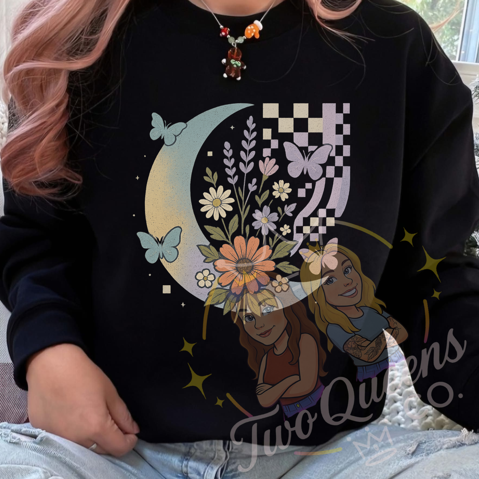 Cosmic Wildflower Moon – Butterfly & Checkerboard Sweatshirt 🌙🦋🌸